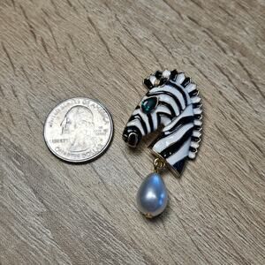 Enamel Zebra Head Brooch with Faux Pearl Dangle